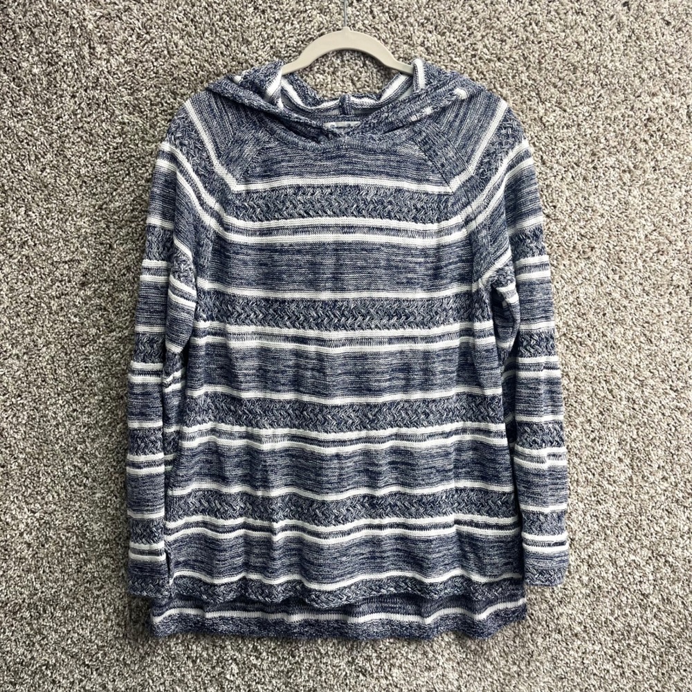 Tommy Bahama Sweater Women's Medium Blue & White Striped Linen Blend Hooded Knit